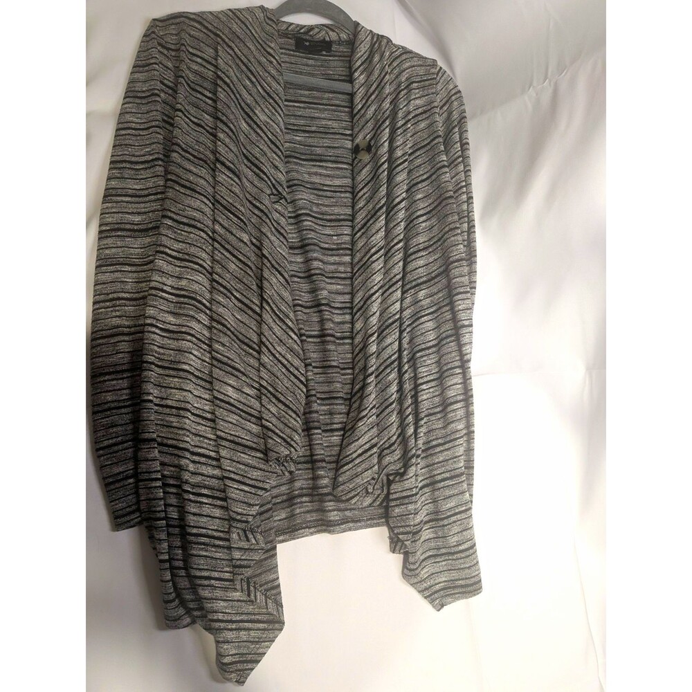 AB Studio Women's Gray/Black Striped Knit Open Front Cardigan Long Sleeve L